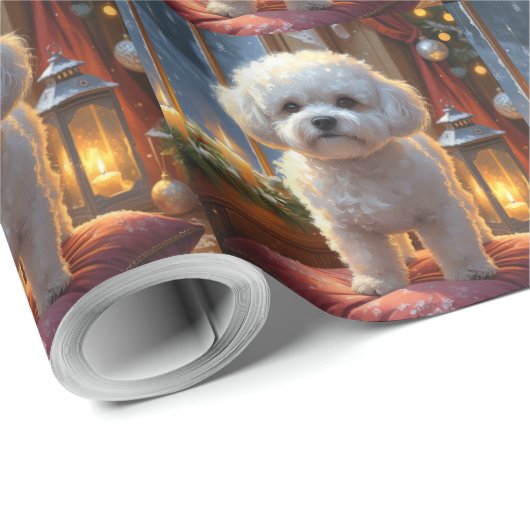 Bichon Frise With Christmas Lights Holiday Cadeaupapier (Rol Hoek)