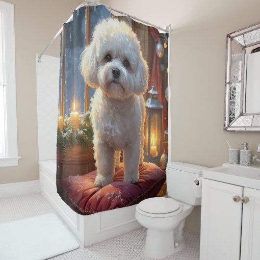 Bichon Frise With Christmas Lights Holiday Douchegordijn (In situ)