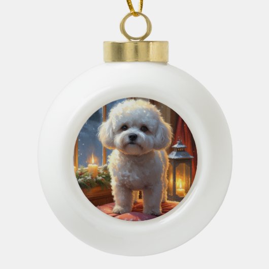Bichon Frise With Christmas Lights Holiday Keramische Bal Ornament (Voorkant)