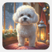 Bichon Frise With Christmas Lights Holiday Vierkante Sticker (Voorkant)