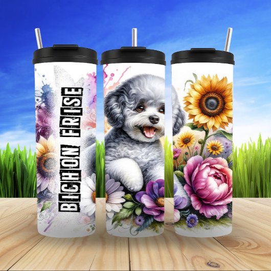 Bichon Frise's kleurrijke bloemengenot Thermosbeker