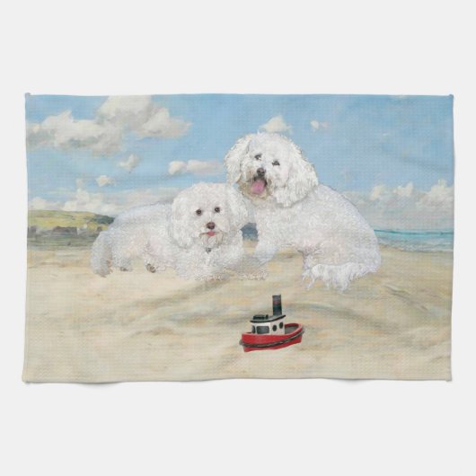 Bichons op het strand theedoek (Horizontaal)