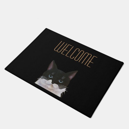 Bicolor, zwarte en witte welkomstkat deurmat (Schuin)