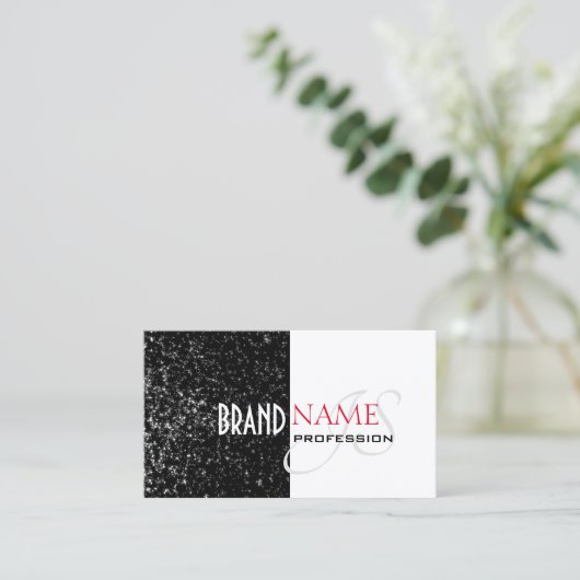 Bicolored zwart-wit Glitter Stars Monogram Visitekaartje (Staand voorkant)