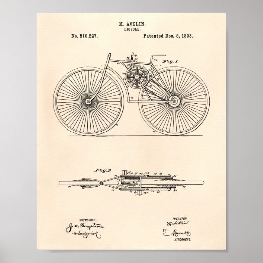 Bicycle 1893 Patent Art Old Peper Poster (Voorkant)