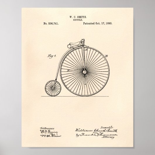 Bicycle 1893 Patent Art Old Peper Poster (Voorkant)