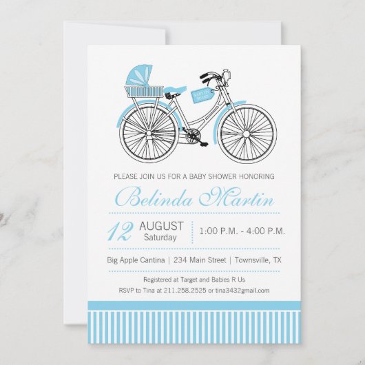 Bicycle Baby shower Blauwe Uitnodiging (Voorkant)