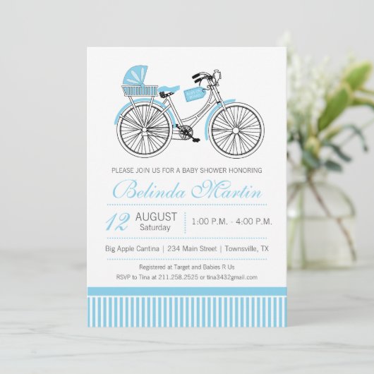 Bicycle Baby shower Blauwe Uitnodiging (Staand voorkant)