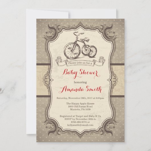 Bicycle Baby shower Uitnodiging  Retro (Voorkant)