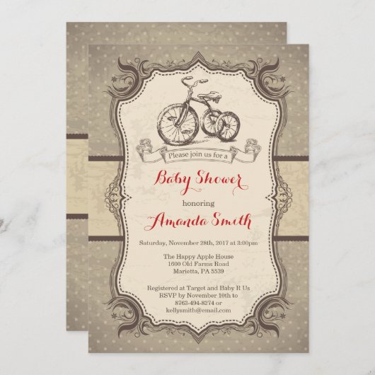Bicycle Baby shower Uitnodiging  Retro (Voorkant / Achterkant)