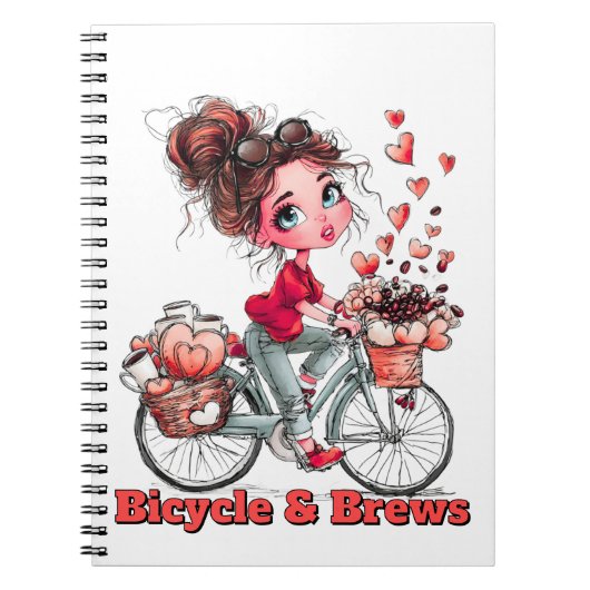 Bicycle & Brews Cute Coffee Girl Spiral Notebook Notitieboek (Voorkant)
