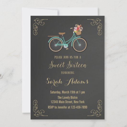 Bicycle Chalkboard Sweet Sixteen Uitnodiging (Voorkant)