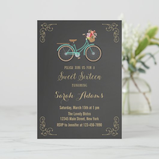Bicycle Chalkboard Sweet Sixteen Uitnodiging (Staand voorkant)