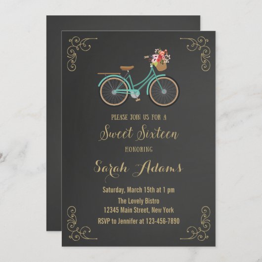 Bicycle Chalkboard Sweet Sixteen Uitnodiging (Voorkant / Achterkant)