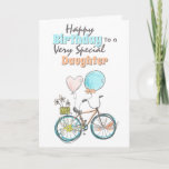 Bicycle floral basket whimsical ballon birthday ca kaart<br><div class="desc">A beautiful illustration of a hand drawn bicycle that has flowers on its wheels; a basket with doodle daisy flowers and two balloons tied to its saddle in shades of pastel peach orange, blue and yellow. The words, happy birthday to a very special daughter (which may be changed to granddaughter,...</div>