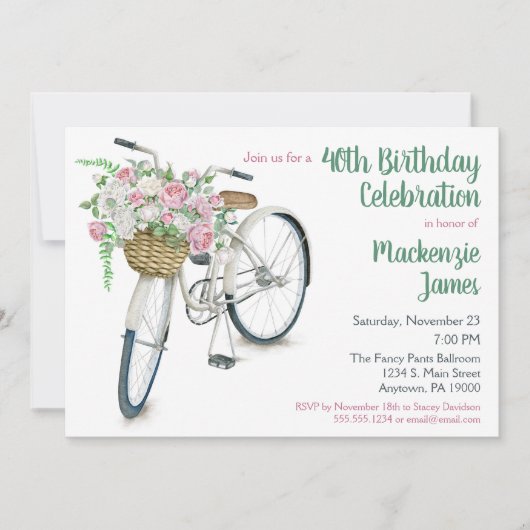 Bicycle Floral Birthday Invitation Rozen Kaart (Voorkant)