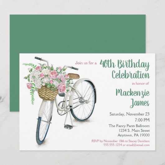 Bicycle Floral Birthday Invitation Rozen Kaart (Voorkant / Achterkant)
