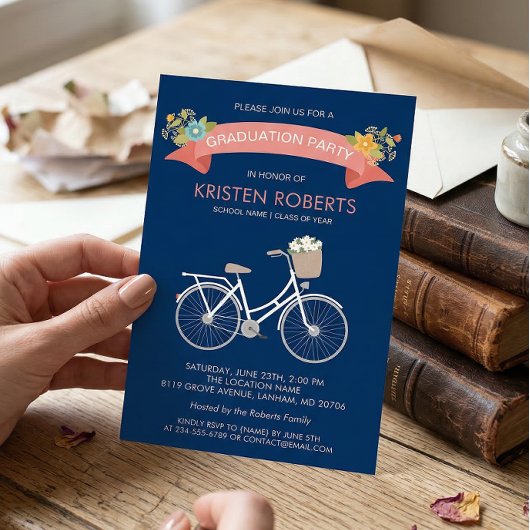 Bicycle Floral Navy Blue Girly Graduparty Kaart