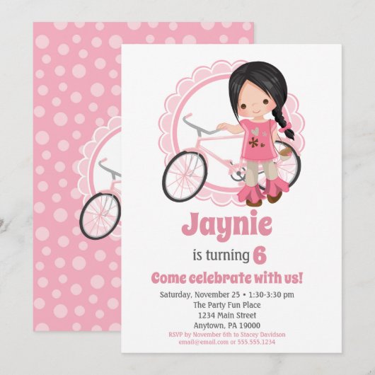 Bicycle Girl Birthday Invitation - Black Hair Kaart (Voorkant / Achterkant)