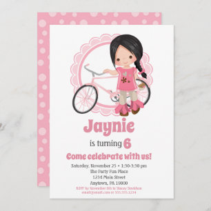 Bicycle Girl Birthday Invitation - Black Hair Kaart