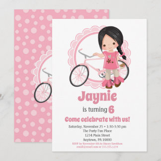 Bicycle Girl Birthday Invitation - Black Hair Kaart
