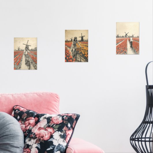 Bicycle through Tulip Fields – Dutch Countryside  Muurkunst Sets (Woonkamer)