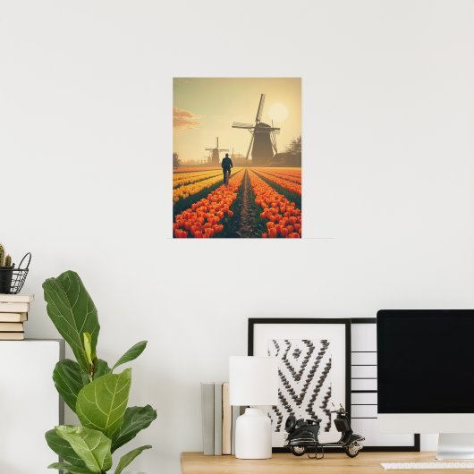 Bicycle through Tulip Fields – Dutch Countryside Poster (Thuiskantoor)