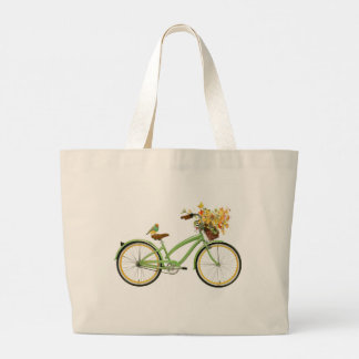 Bicycle With Bird and Flower Basket Green Yellow Grote Tote Bag