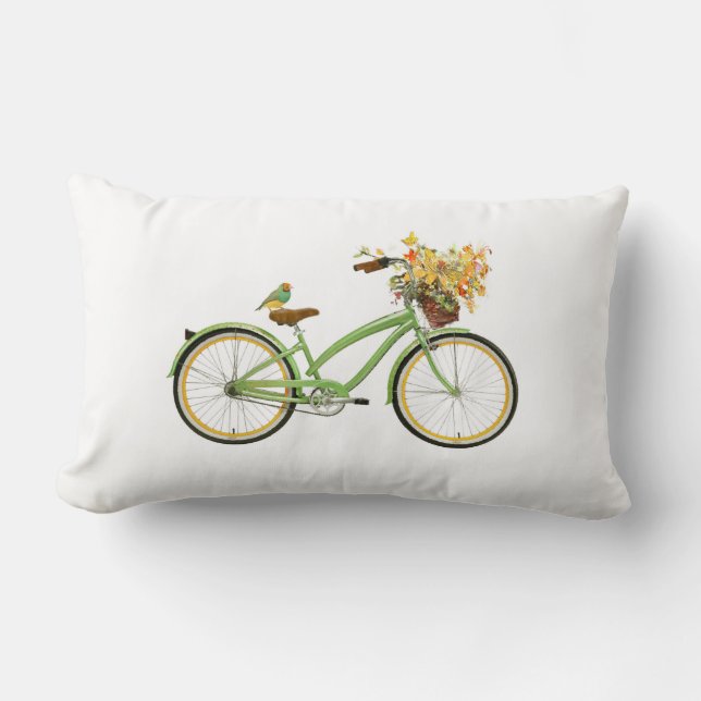Bicycle With Bird and Flower Basket Green Yellow Kussen (Voorkant)
