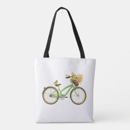 Bicycle With Bird and Flower Basket Green Yellow Tote Bag