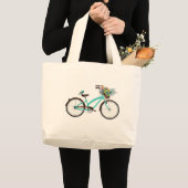 Bicycle With Bird and Flower Basket Turquoise Blue Grote Tote Bag (Voorkant (product))