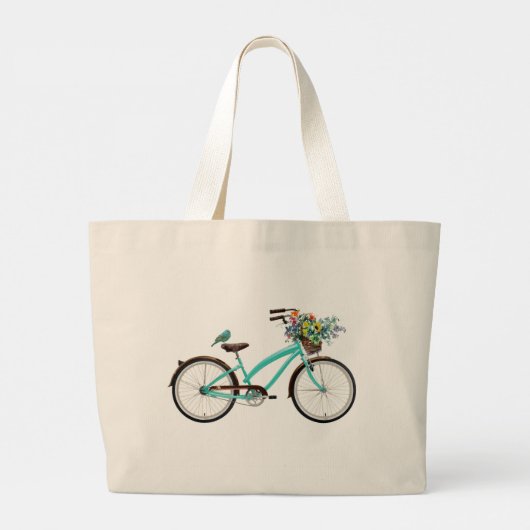 Bicycle With Bird and Flower Basket Turquoise Blue Grote Tote Bag (Achterkant)