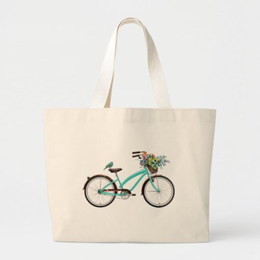 Bicycle With Bird and Flower Basket Turquoise Blue Grote Tote Bag (Voorkant)