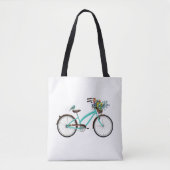 Bicycle With Bird and Flower Basket Turquoise Blue Tote Bag (Voorkant)