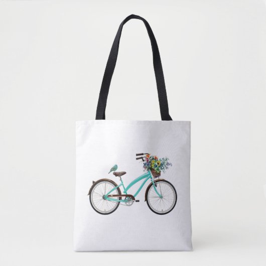 Bicycle With Bird and Flower Basket Turquoise Blue Tote Bag (Voorkant)