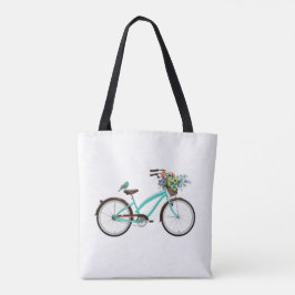 Bicycle With Bird and Flower Basket Turquoise Blue Tote Bag