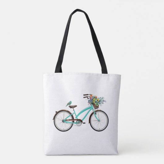 Bicycle With Bird and Flower Basket Turquoise Blue Tote Bag (Achterkant)
