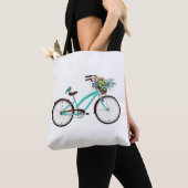 Bicycle With Bird and Flower Basket Turquoise Blue Tote Bag (Dichtbij)