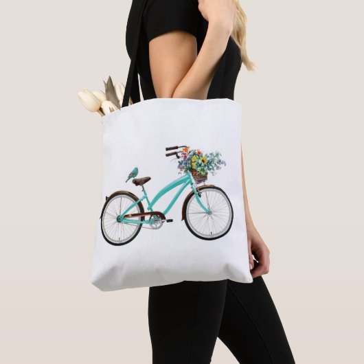Bicycle With Bird and Flower Basket Turquoise Blue Tote Bag (Dichtbij)