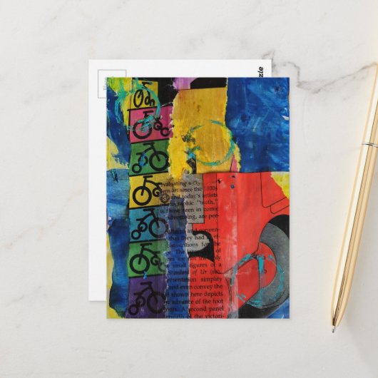 Bicycles and Trucks mixed media collage Briefkaart (Voorkant / Achterkant in situ)