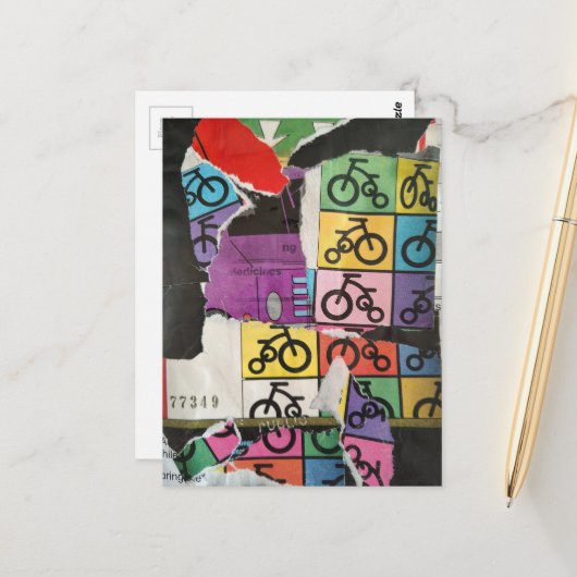 Bicycles colorful mixed media collage briefkaart (Voorkant / Achterkant in situ)