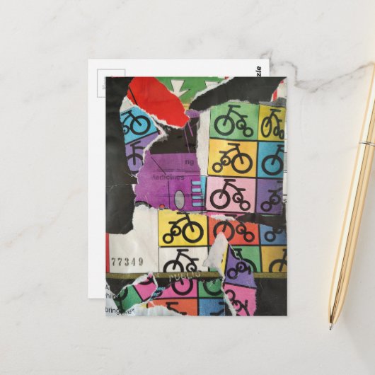 Bicycles colorful mixed media collage briefkaart (Voorkant / Achterkant in situ)