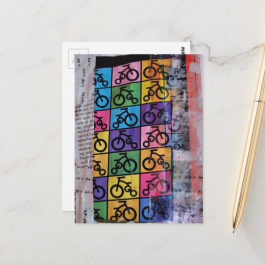 Bicycles mixed media collage briefkaart (Voorkant / Achterkant in situ)