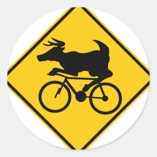 Bicycling Deer Crossing Highway Sign Ronde Sticker (Voorkant)
