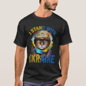 Bid voor steun Oekraïense kat soldaat staan met T-shirt (Voorkant)