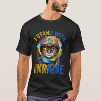Bid voor steun Oekraïense kat soldaat staan met T-shirt
