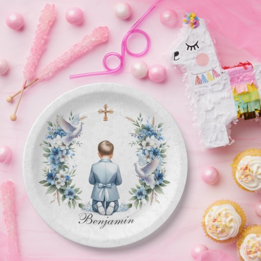 Bidden Boy Heilige Communie Papieren Bordje (Feest)