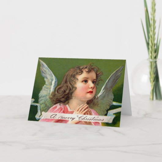 Bidden Engel met Kerstmis Banner Feestdagen Kaart (Voorkant)