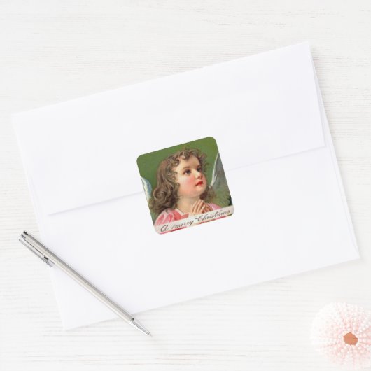 Bidden Engel met Kerstmis Banner Vierkante Sticker (Envelop)