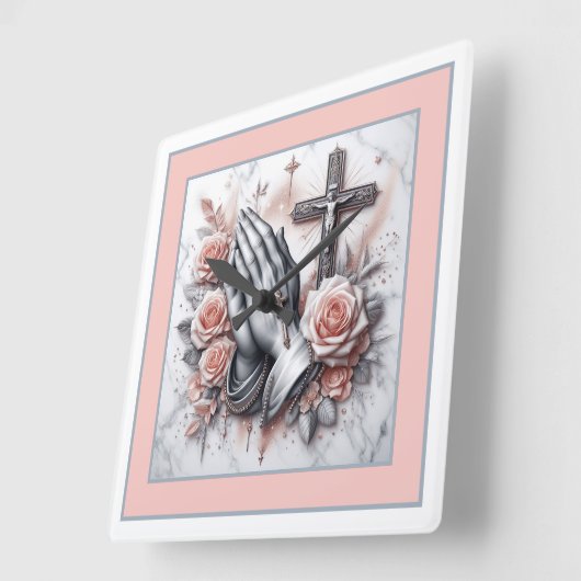 Bidden Handen, Kruisbeeld en Rozen Vierkante Klok (Hoek)